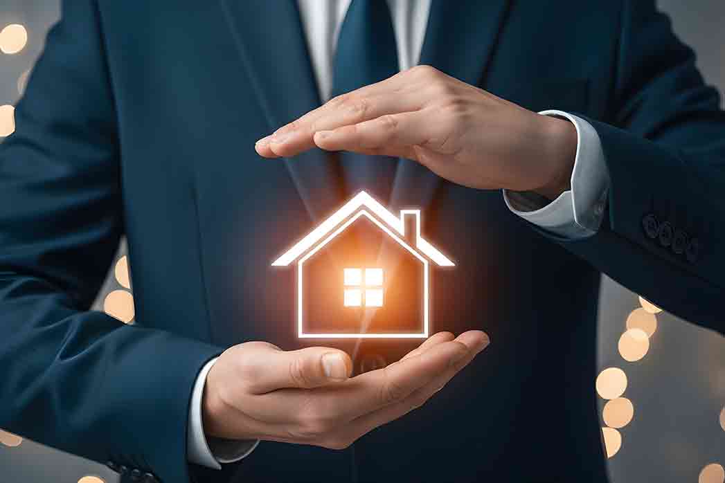Business professional holding a luminous house icon symbolizing home insurance and real estate investments.