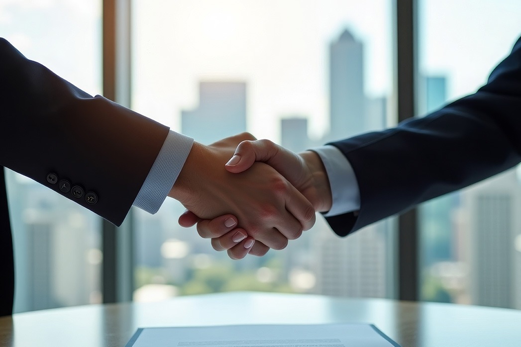 high-quality image of two business partners shaking hands over a signed agreement, modern office with a city skyline view, crisp suit details
