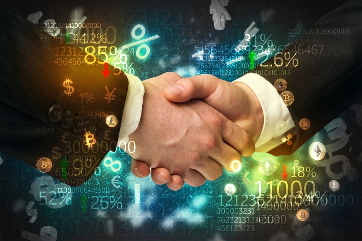 Business Agreement Hands Shaking with Financial Data Overlay.
