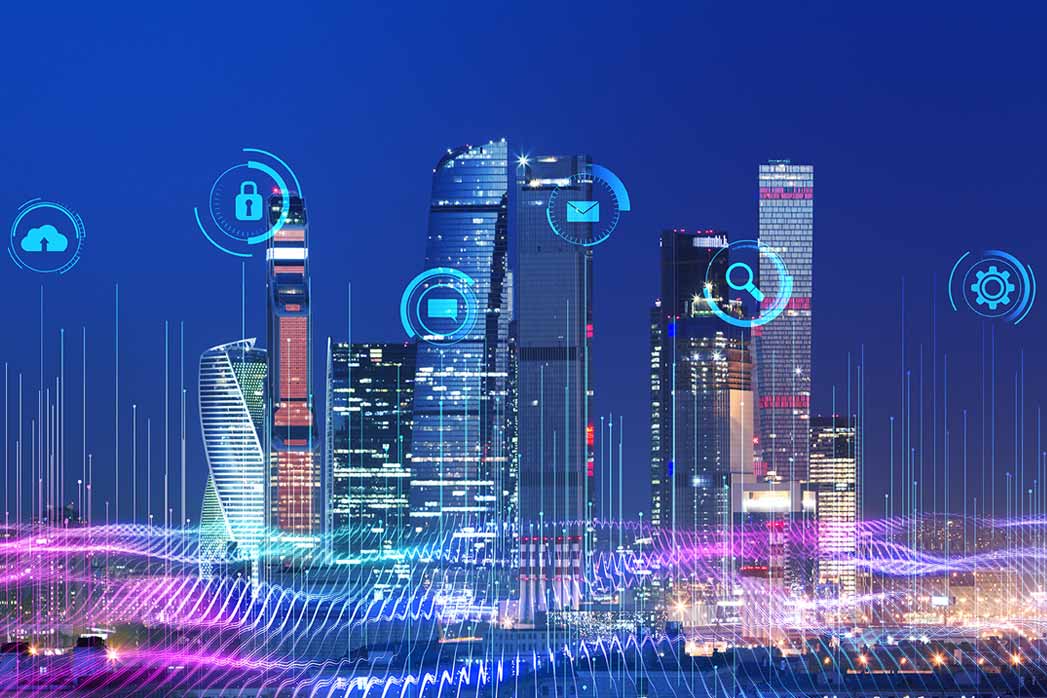 Smart City And Digital Transformation Concept With Digital Glowing Information And Communication