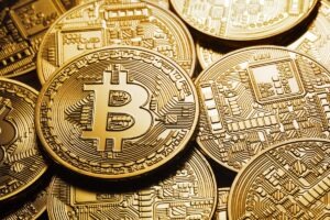 Detailed Bitcoin Cryptocurrency Coins Close Up View.