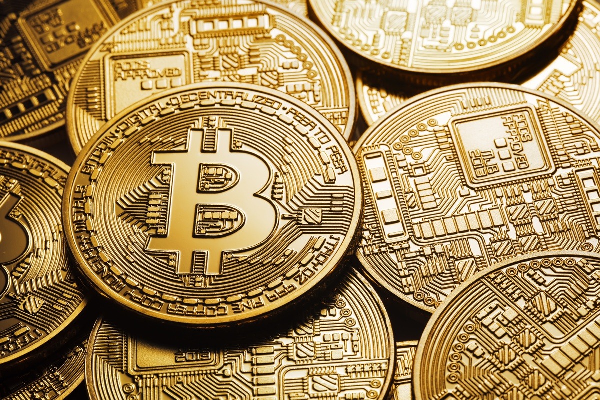 Detailed Bitcoin Cryptocurrency Coins Close Up View.