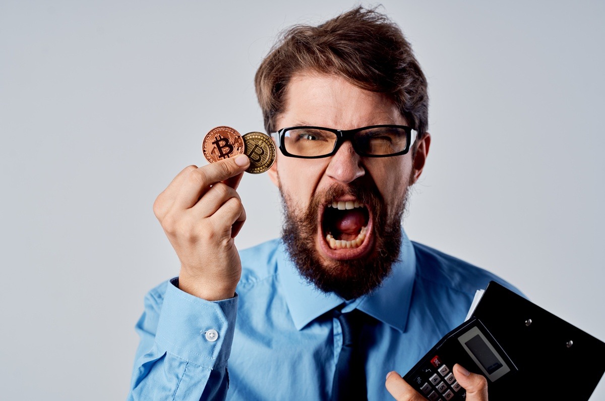 business man in shirt with tie cryptocurrency bitcoin finance. High quality photo