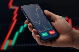 Close up, trader holding smartphone with a mobile trading platform application on screen, with candlestick chart and financial graphs for stock or crypto investments on background.